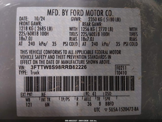 Aukcja sprzedaży 2024 Ford Maverick Lariat, vin: 3FTTW8S98RRB82226, numer aukcji: 46022327