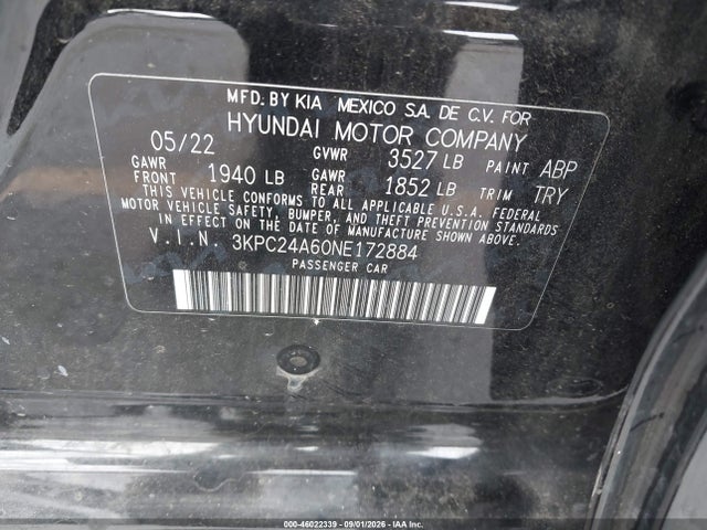 Aukcja sprzedaży 2022 Hyundai Accent Se, vin: 3KPC24A60NE172884, numer aukcji: 46022339