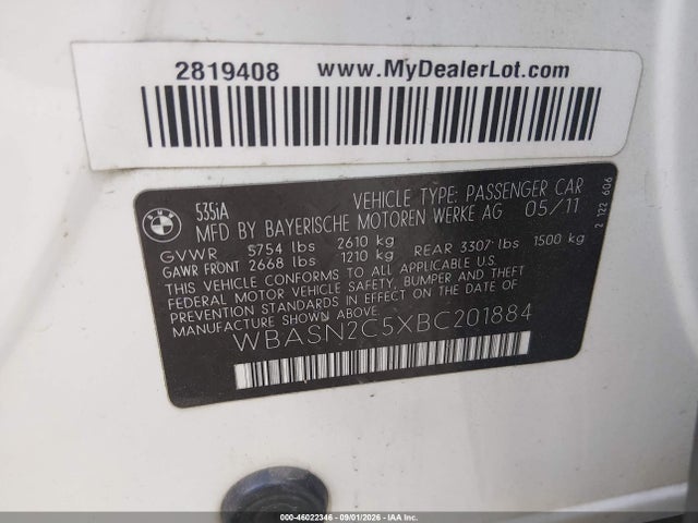 46022346 :رقم المزاد ، WBASN2C5XBC201884 vin ، 2011 Bmw 535i Gran Turismo مزاد بيع