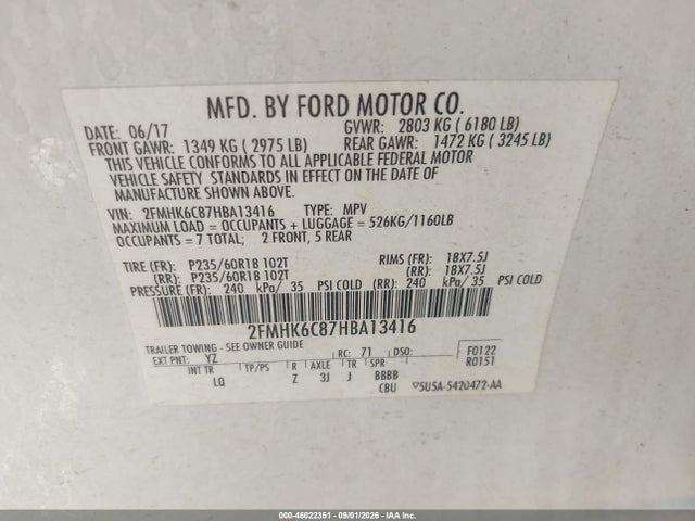 Продажа на аукционе авто 2017 Ford Flex Sel, vin: 2FMHK6C87HBA13416, номер лота: 46022351