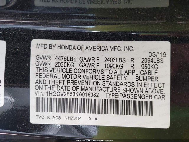 Продаж на аукціоні авто 2019 Honda Accord Ex-l 2.0t, vin: 1HGCV2F53KA016382, номер лоту: 46022353