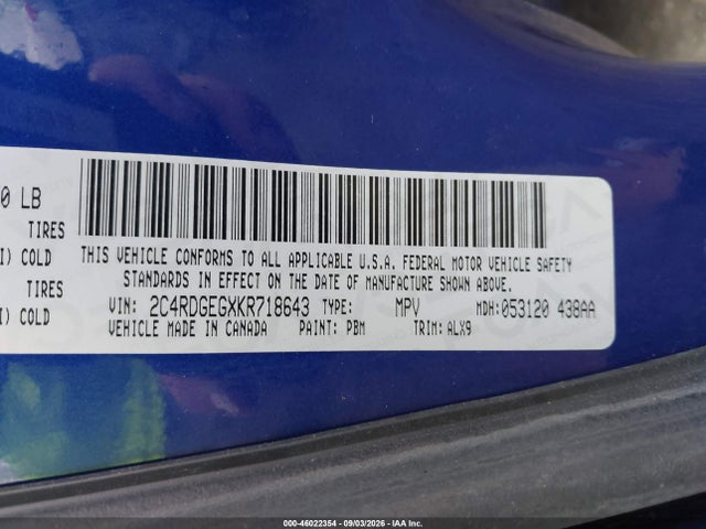 Aukcja sprzedaży 2019 Dodge Grand Caravan Gt, vin: 2C4RDGEGXKR718643, numer aukcji: 46022354