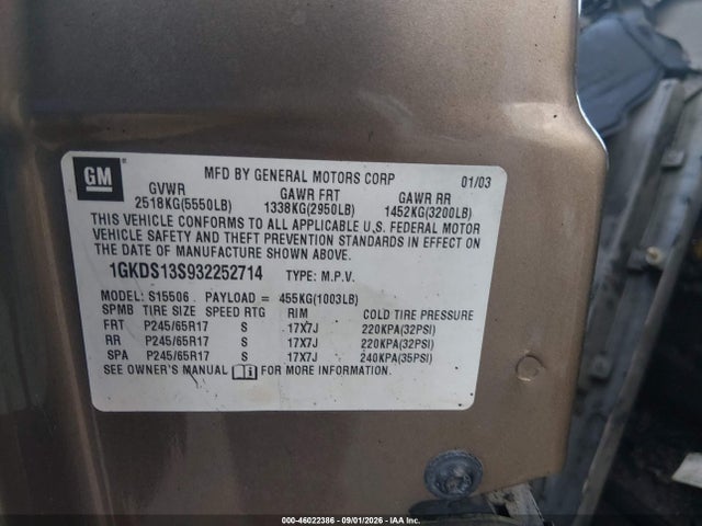 46022386 :رقم المزاد ، 1GKDS13S932252714 vin ، 2003 Gmc Envoy Slt مزاد بيع