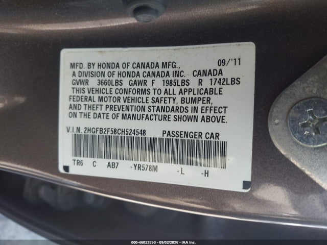 2012 Honda Civic Lx მანქანა იყიდება აუქციონზე, vin: 2HGFB2F58CH524548, აუქციონის ნომერი: 46022390