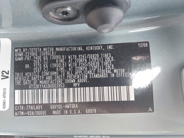 Aukcja sprzedaży 2009 Toyota Venza Base V6, vin: 4T3ZK11A59U003953, numer aukcji: 46022392