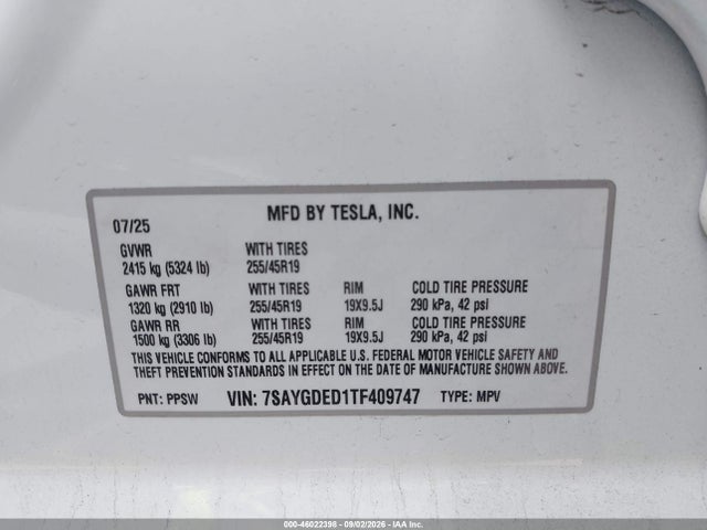 Auction sale of the 2026 Tesla Model Y Premium Rear-wheel Drive/rear-wheel Drive, vin: 7SAYGDED1TF409747, lot number: 46022398