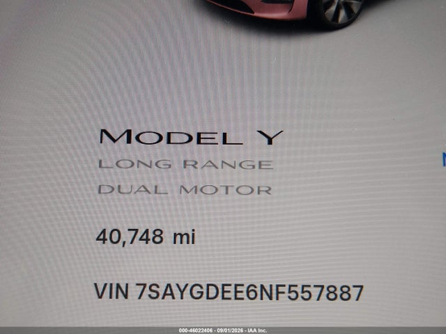 Aukcja sprzedaży 2022 Tesla Model Y Long Range Dual Motor All-wheel Drive, vin: 7SAYGDEE6NF557887, numer aukcji: 46022406