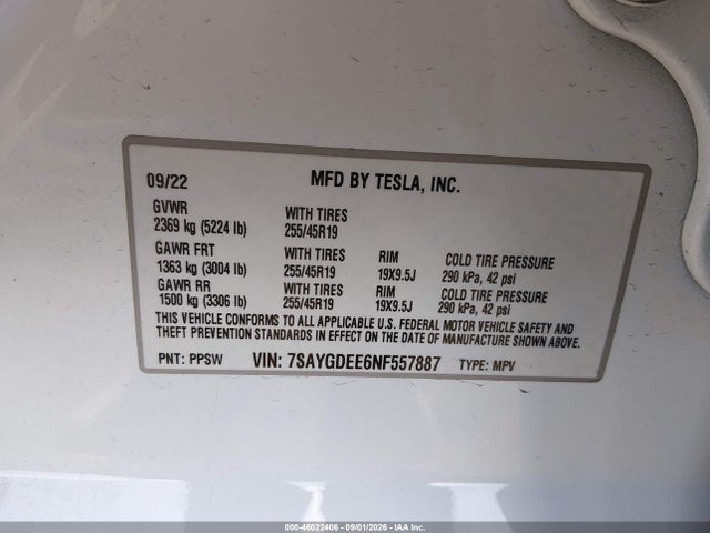 Aukcja sprzedaży 2022 Tesla Model Y Long Range Dual Motor All-wheel Drive, vin: 7SAYGDEE6NF557887, numer aukcji: 46022406