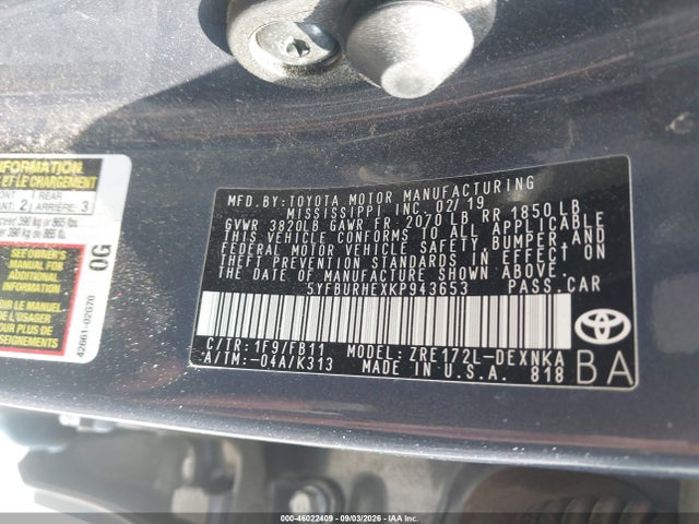 2019 Toyota Corolla Le მანქანა იყიდება აუქციონზე, vin: 5YFBURHEXKP943653, აუქციონის ნომერი: 46022409