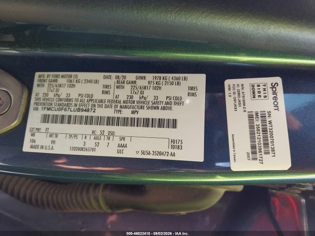 2020 Ford Escape S მანქანა იყიდება აუქციონზე, vin: 1FMCU0F67LUB94872, აუქციონის ნომერი: 46022410