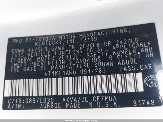 4T1K61AK0LU917283 Toyota CAMRY XSE