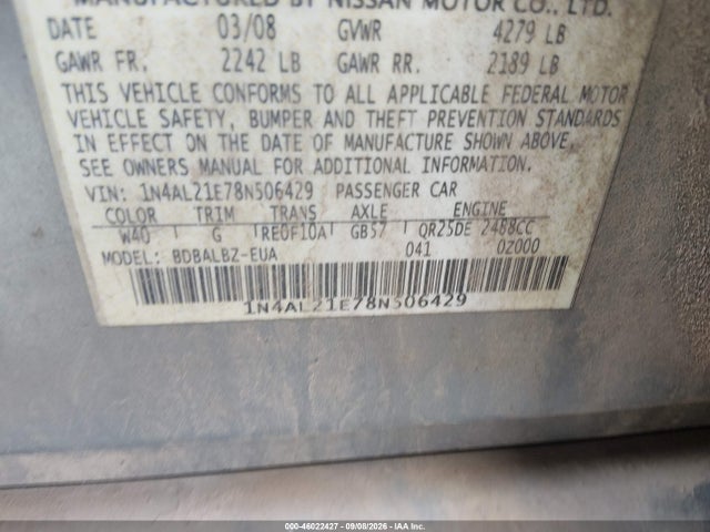 2008 Nissan Altima 2.5 S მანქანა იყიდება აუქციონზე, vin: 1N4AL21E78N506429, აუქციონის ნომერი: 46022427