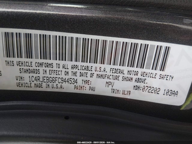 Продажа на аукционе авто 2015 Jeep Grand Cherokee Limited, vin: 1C4RJEBG6FC944534, номер лота: 46022429