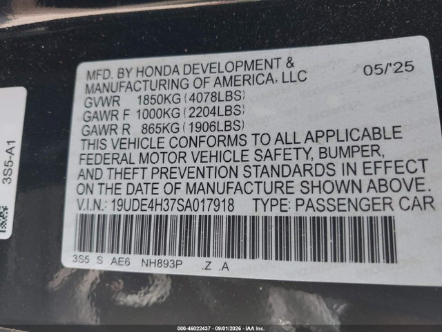 Продажа на аукционе авто 2025 Acura Integra A-spec, vin: 19UDE4H37SA017918, номер лота: 46022437