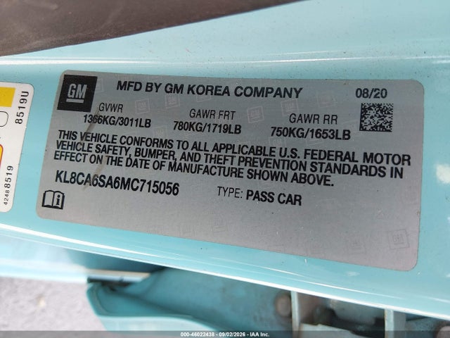 46022438 :رقم المزاد ، KL8CA6SA6MC715056 vin ، 2021 Chevrolet Spark Fwd Ls Manual مزاد بيع