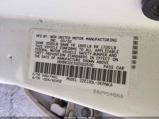 46022444 :رقم المزاد ، 1NXBR32E33Z022530 vin ، 2003 Toyota Corolla Le مزاد بيع