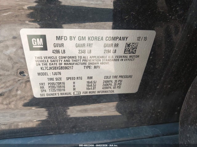 Aukcja sprzedaży 2016 Chevrolet Trax 1ls, vin: KL7CJKSBXGB596217, numer aukcji: 46022456