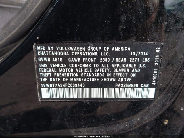 Aukcja sprzedaży 2015 Volkswagen Passat 1.8t Se, vin: 1VWBT7A34FC039440, numer aukcji: 46022462