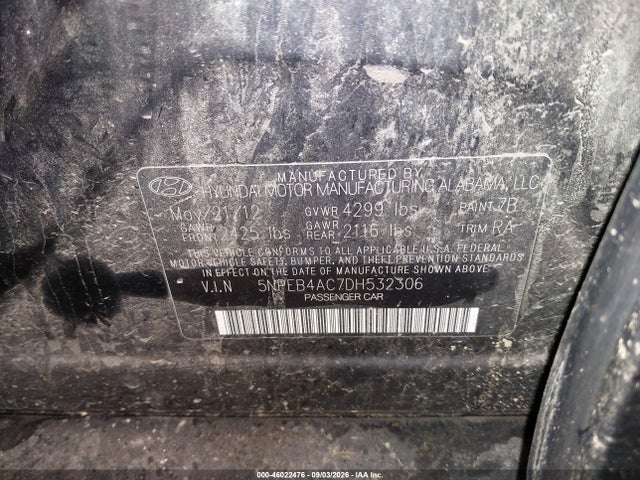 2013 Hyundai Sonata Gls მანქანა იყიდება აუქციონზე, vin: 5NPEB4AC7DH532306, აუქციონის ნომერი: 46022476