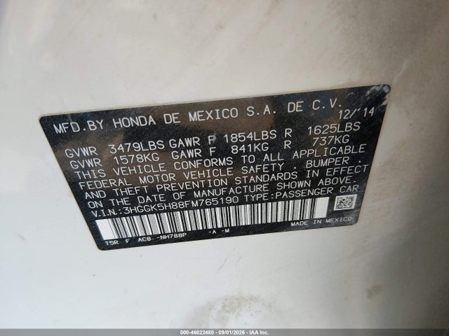 46022480 :رقم المزاد ، 3HGGK5H88FM765190 vin ، 2015 Honda Fit Ex/exl مزاد بيع
