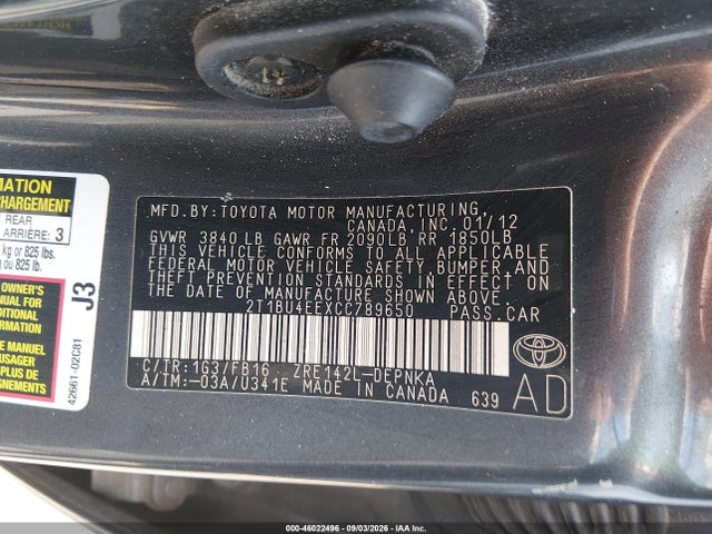 Aukcja sprzedaży 2012 Toyota Corolla Le, vin: 2T1BU4EEXCC789650, numer aukcji: 46022496