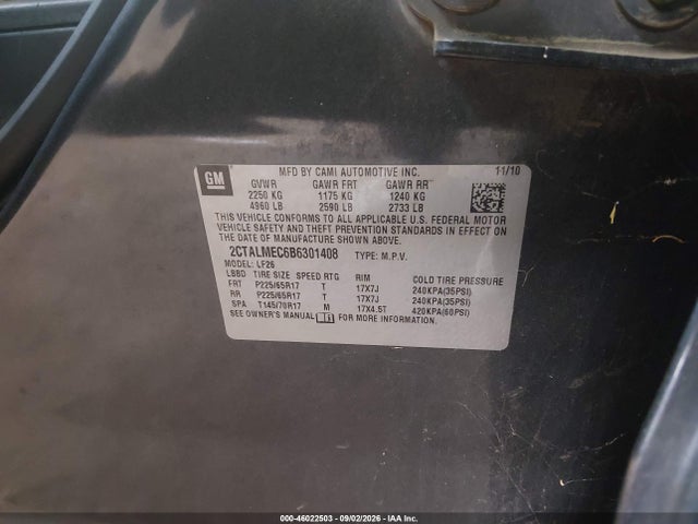 Продажа на аукционе авто 2011 Gmc Terrain Sle-1, vin: 2CTALMEC6B6301408, номер лота: 46022503