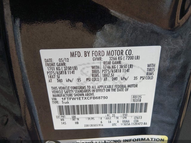 2012 Ford F-150 Lariat მანქანა იყიდება აუქციონზე, vin: 1FTFW1ETXCFB68750, აუქციონის ნომერი: 46022505