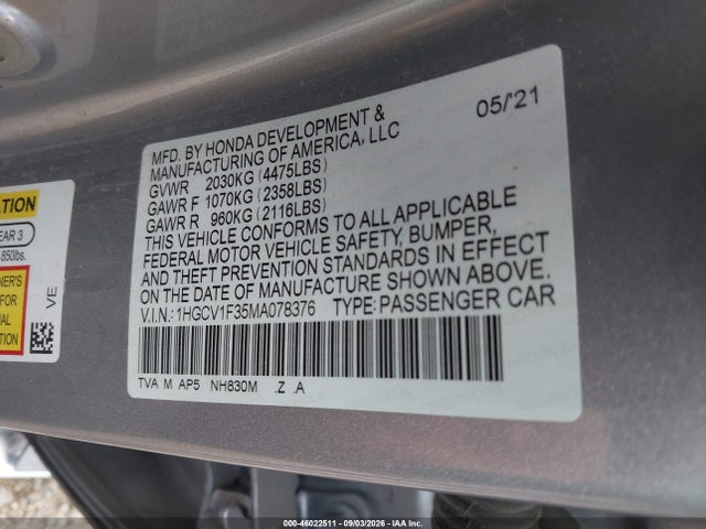 Auction sale of the 2021 Honda Accord Sport, vin: 1HGCV1F35MA078376, lot number: 46022511