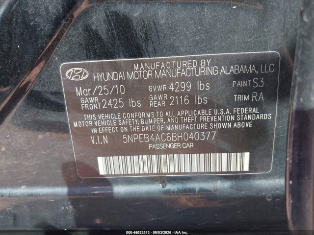 46022513 :رقم المزاد ، 5NPEB4AC6BH040377 vin ، 2011 Hyundai Sonata Gls مزاد بيع