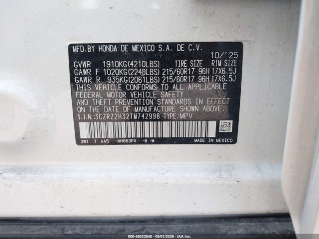 2026 Honda Hr-v Awd Lx მანქანა იყიდება აუქციონზე, vin: 3CZRZ2H32TM742998, აუქციონის ნომერი: 46022540