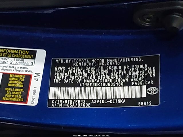 2011 Toyota Camry Le მანქანა იყიდება აუქციონზე, vin: 4T1BF3EK1BU639160, აუქციონის ნომერი: 46022545