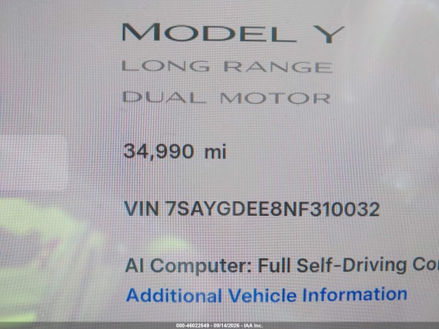 Aukcja sprzedaży 2022 Tesla Model Y Long Range Dual Motor All-wheel Drive, vin: 7SAYGDEE8NF310032, numer aukcji: 46022549
