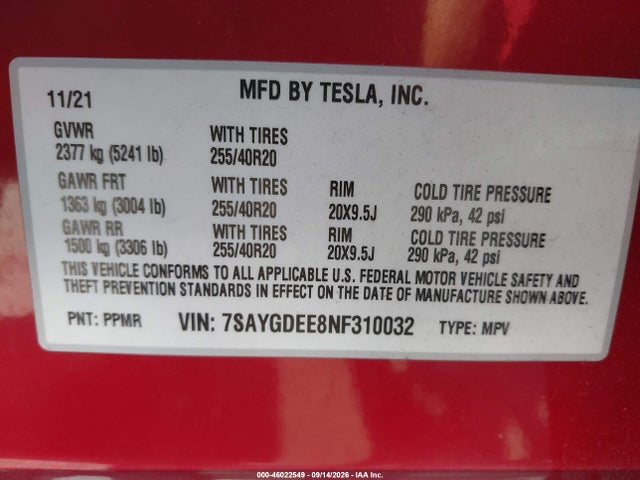 Aukcja sprzedaży 2022 Tesla Model Y Long Range Dual Motor All-wheel Drive, vin: 7SAYGDEE8NF310032, numer aukcji: 46022549