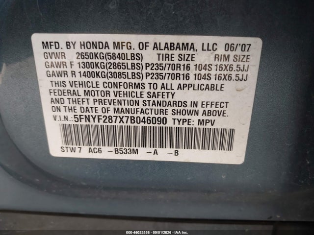 Продажа на аукционе авто 2007 Honda Pilot Ex-l, vin: 5FNYF287X7B046090, номер лота: 46022556