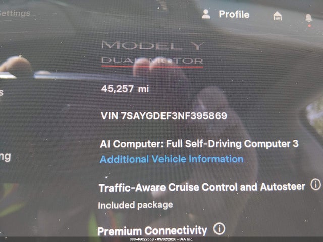 46022558 :رقم المزاد ، 7SAYGDEF3NF395869 vin ، 2022 Tesla Model Y Performance Dual Motor All-wheel Drive مزاد بيع