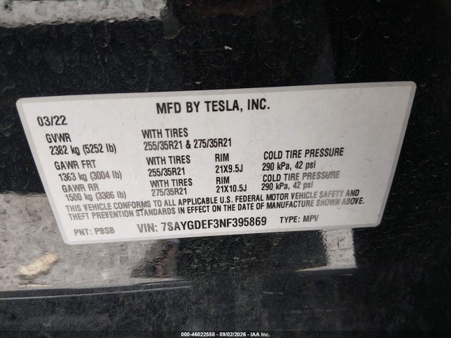 46022558 :رقم المزاد ، 7SAYGDEF3NF395869 vin ، 2022 Tesla Model Y Performance Dual Motor All-wheel Drive مزاد بيع