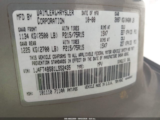 2001 Jeep Cherokee Sport მანქანა იყიდება აუქციონზე, vin: 1J4FT48S81L552435, აუქციონის ნომერი: 46022569