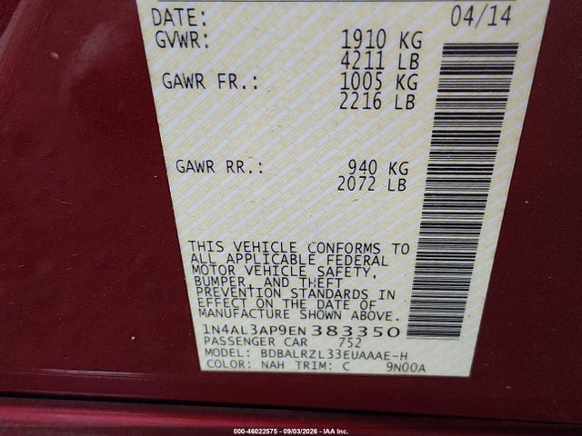 2014 Nissan Altima 2.5 S მანქანა იყიდება აუქციონზე, vin: 1N4AL3AP9EN383350, აუქციონის ნომერი: 46022575
