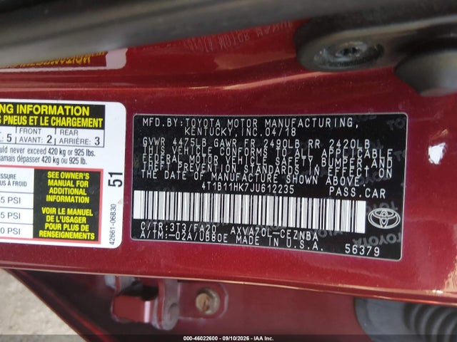 Aukcja sprzedaży 2018 Toyota Camry Le, vin: 4T1B11HK7JU612235, numer aukcji: 46022600