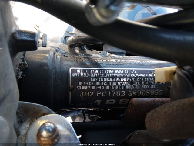 Продаж на аукціоні авто 1986 Honda Cmx450 C, vin: JH2PC1703GM005852, номер лоту: 46022602