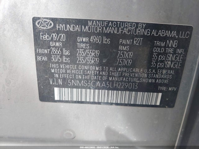 Hyundai Santa Fe Sel 2.0t 2020 5NMS3CAA5LH229013 Image 9