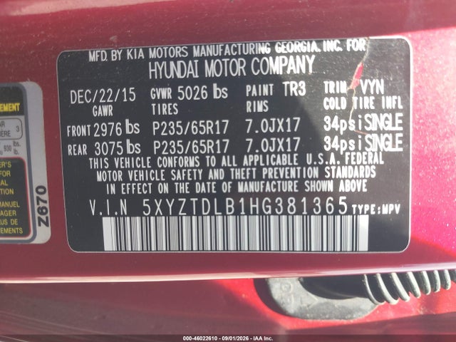 Aukcja sprzedaży 2017 Hyundai Santa Fe Sport 2.4l, vin: 5XYZTDLB1HG381365, numer aukcji: 46022610