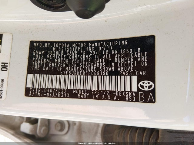 46022619 :رقم المزاد ، 5YFBURHE8EP068190 vin ، 2014 Toyota Corolla S Plus مزاد بيع