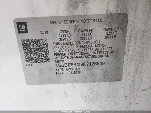 Aukcja sprzedaży 2019 Chevrolet Cruze Lt, vin: 1G1BE5SM9K7126609, numer aukcji: 46022621