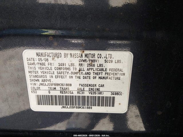 Продаж на аукціоні авто 2008 Infiniti Ex35 Journey, vin: JNKAJ09F88M361889, номер лоту: 46022628
