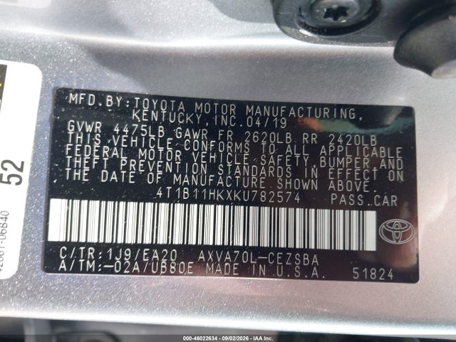 Продажа на аукционе авто 2019 Toyota Camry Se, vin: 4T1B11HKXKU782574, номер лота: 46022634