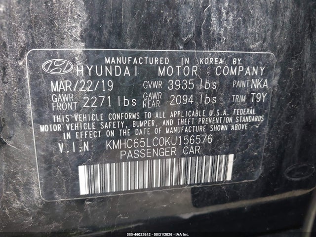 Aukcja sprzedaży 2019 Hyundai Ioniq Hybrid Blue, vin: KMHC65LC0KU156576, numer aukcji: 46022642