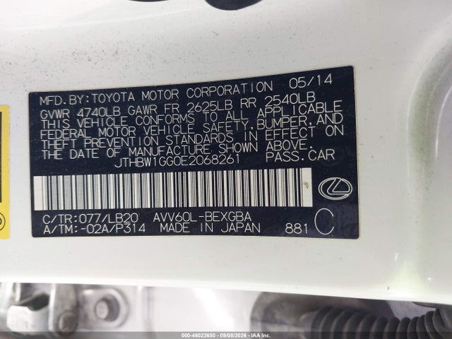 46022650 :رقم المزاد ، JTHBW1GG0E2068261 vin ، 2014 Lexus Es 300h مزاد بيع