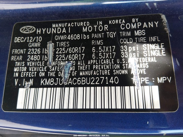 46022661 :رقم المزاد ، KM8JUCAC6BU227140 vin ، 2011 Hyundai Tucson Gls مزاد بيع