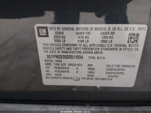 46022666 :رقم المزاد ، 3GYFNGE35DS511834 vin ، 2013 Cadillac Srx Luxury Collection مزاد بيع